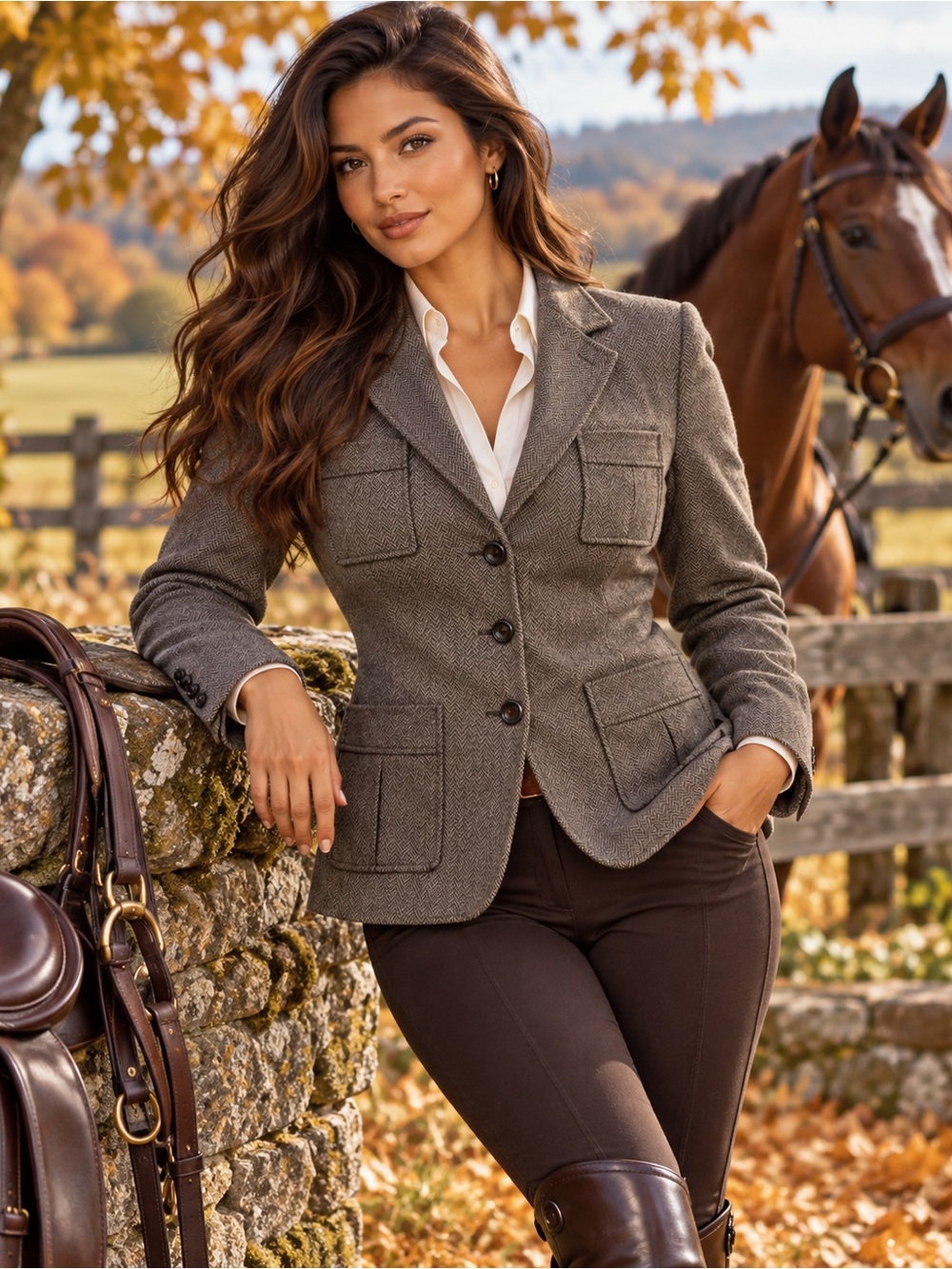 Wool Blend Herringbone Equestrian Blazer Charcoal Grey Tailored Jacket Size L